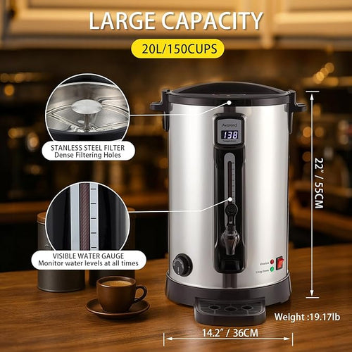 100-Cup Commercial Coffee Urn 20L Double-Wall Stainless Steel Coffee Maker with Adjustable Temperature Control &amp Keep Warm Large Insulated Coffee Pot for Events Catering and Offices