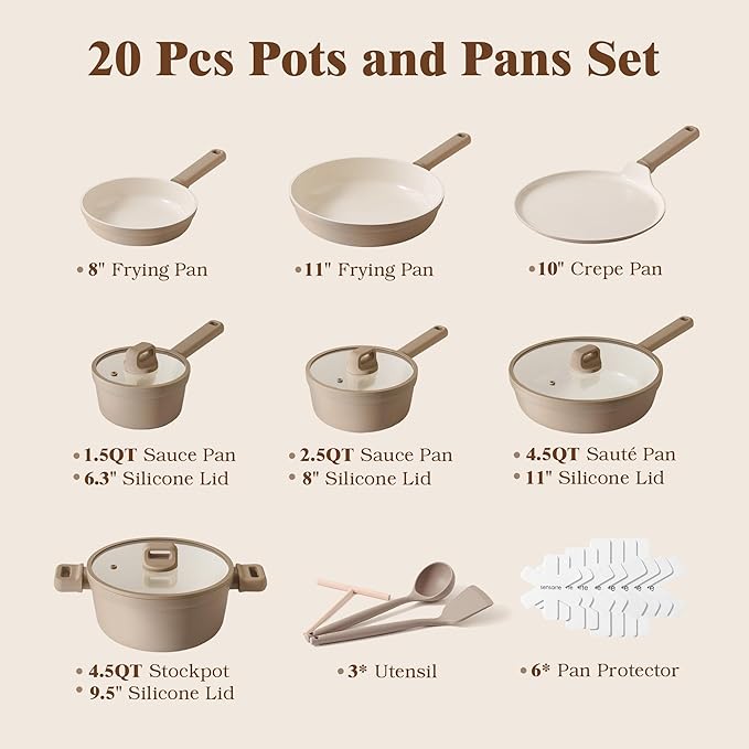 SENSARTE 20Pcs Pots and Pans Set Nonstick Ceramic Cookware Set Non Stick Non-toxic Healthy Kitchen Cooking Set Induction Compatible Dishwasher Safe PFAS/PTFE/PFOA Free TAUPE