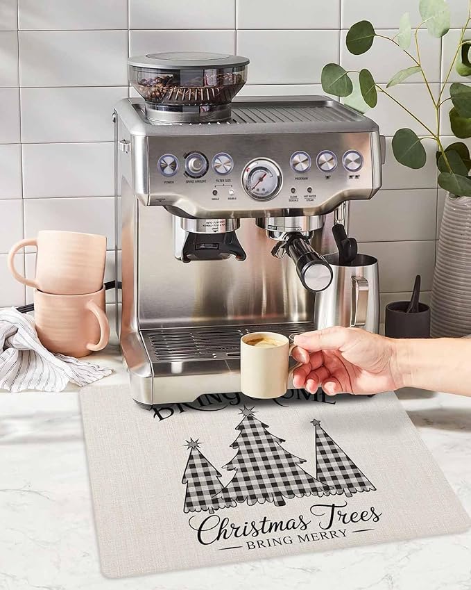 Coffee Mat for Counter Buffalo Check Plaid Christmas Tree Absorbent Hide Stain Coffee Bar Mat Non-slip Coffee Bar Accessories Kitchen Drying Mat Fit Under Coffee Maker Espresso Machine