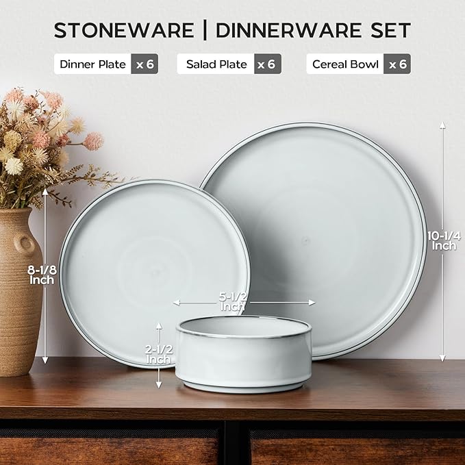 Onader Ceramic Dinnerware Sets for 6 Stoneware Plates and Bowls with Rustic Terracotta Bottom Elegant Kitchen Dinner Dish Set 18-Piece Dishware Tableware - Glacier White
