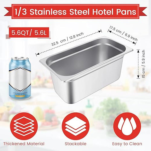 10 Pack Hotel Pans Stainless Steel Steam Table Pan 1/3 Size 0.8 mm Thick Anti Jam Warming Pans for Food Warmer Restaurant Catering Supplies 12.8 x 6.9 Inch(6 Inch DeepEuropean)