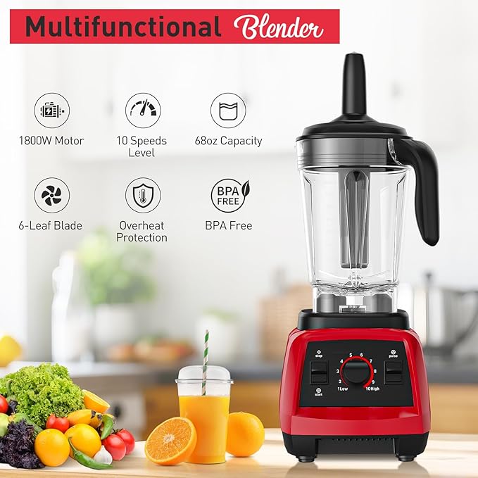 Smoothie Blender 1800W Countertop Professional Blender Juicer for Kitchen Ice Crusher or Juice Milkshake Dessert