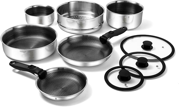 ROYDX New Model Hybrid Nonstick Cookware Set 19-Piece Stainless Steel Pots and Pans Set with Removable Handles Save SpaceDishwasher and Oven Safe Induction Ready Compatible with All Cooktops