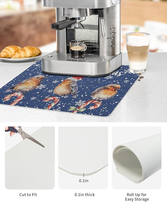 Coffee Mat Coffee Bar Mat for Countertops Christmas Watercolor Birds with Snowflakes Blue Absorbent Coffee Maker Mat Rubber Backed Dish Drying Mat for Coffee Espresso Machine Coffee Maker 16x18