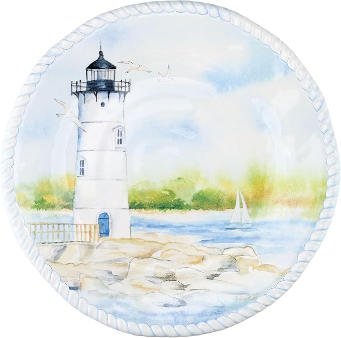 UPware 12 Piece Coastal Lighthouse Melamine Dinnerware Sets Outdoor Dishes Set Plates and Bowls Sets Service for 4 Blue