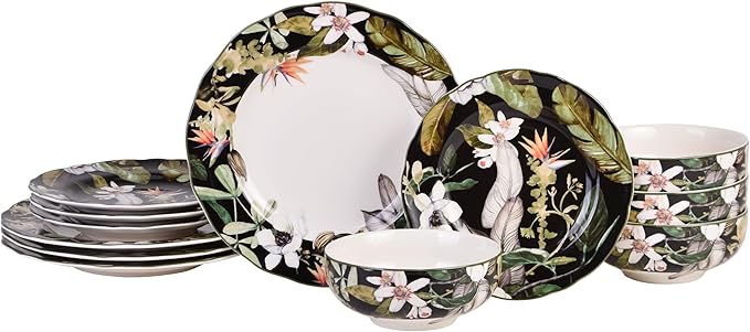 222 Fifth 12-Piece Porcelain Dinnerware Set for 4 Black &amp White Plates and Bowls Set with Tropical Floral Design Glossy Ceramic Dish Set Kitchen Tableware Microwave &amp Dishwasher Safe Born