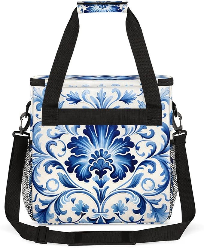 Floral Blue White Coffee Maker Travel Bag for Keurig K-Mini/K-Mini Plus Insulated Waterproof Tote with Pockets for K-Cup Portable Single-Serve Brewer Case