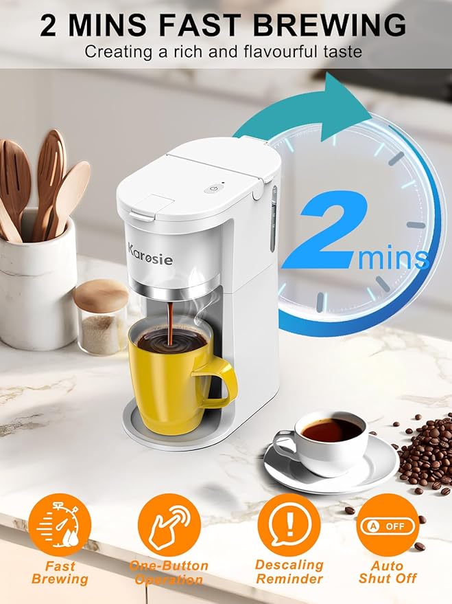 Small Single Serve Coffee Maker Fast Brew for K-Cup &amp Ground Coffee 6-12 Oz Brew Sizes One-Button Single Cup Coffee Maker Coffee Machine with Descaling ReminderWhite9.45 Inches