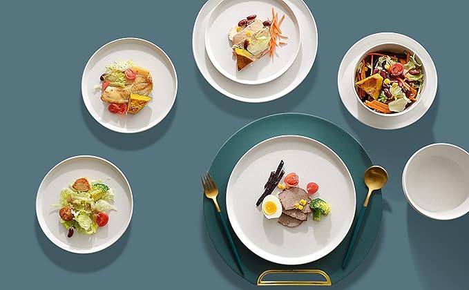 FINE&ampNICE 12PCS Melamine Dinnerware Sets Outdoor Dinnerware Sets for 4Durable Camper DinerwareLightweight Dishwasher Safe and BPA Free(Spotty White)
