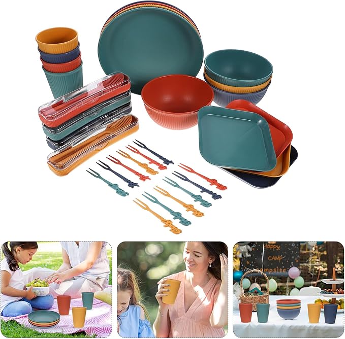 Housoutil Portable Wheat Straw Dinnerware Set with Bowls Plates Cups and Cutlery Lightweight Reusable Picnic and Camping Tableware for Outdoor Patio and Home Use Mixed Random Color