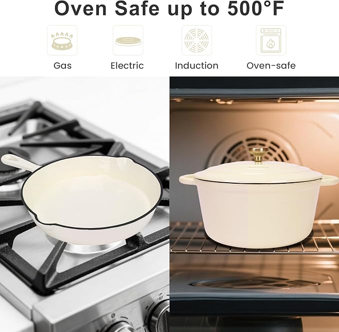 QuliMetal Enameled Cast Iron Cookware Set 5-Piece – 2.3QT Dutch Oven 4.7QT Braiser 10 Skillet 9x5 Oval Bread Pan &amp Rack – Versatile Oven-Safe Enamel Cast Iron Pots and Pans for Home Cooking