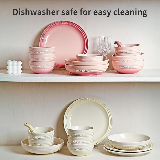 12-Piece Pink Ceramic Dinnerware Set - Monazone Series Service for 4 Includes Bowls &amp 8''/9'' Plates Glossy Finish