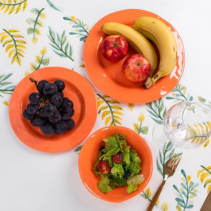 LEHAHA Orange Melamine Dinnerware Set 12 Piece Kitchen Tableware Plates Bowls Dishes Set Lightweight Unbreakable Dinnerware Set for 4 Dishwasher Safe and BPA free