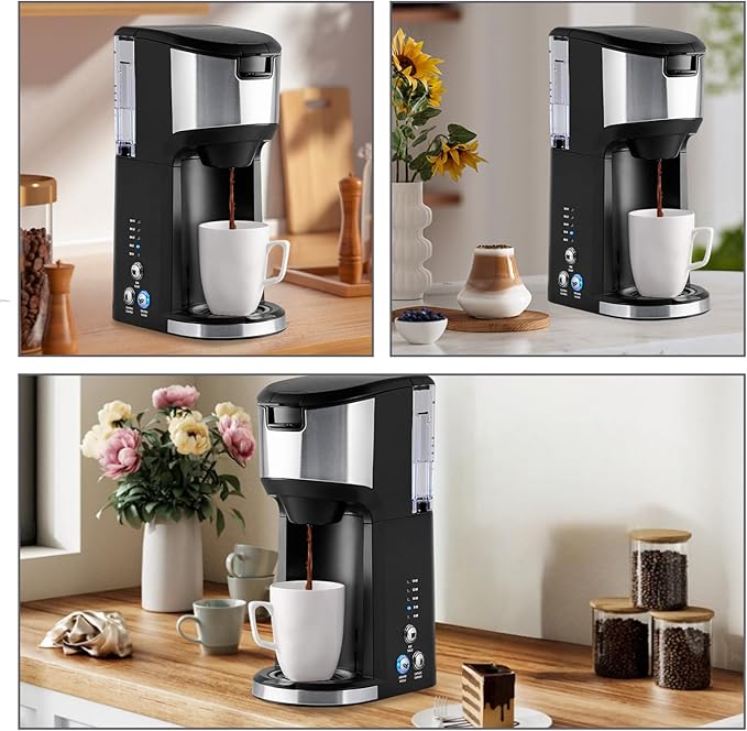 Single Serve Coffee Maker K Cup and Ground Coffee Brewer 14 oz Personal Coffee Maker with 24 oz Water Reservoir Auto-Shutoff Compact Small Coffee Machine for Home &amp Office