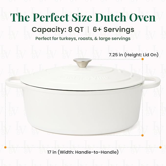 Larder &amp Vine Enameled Cast Iron 8 qt Dutch Oven Pot with Lid | Bread Baking | Compatible on All Cooktops &amp Oven Safe to 500° F | Great for Sourdough Bread | White