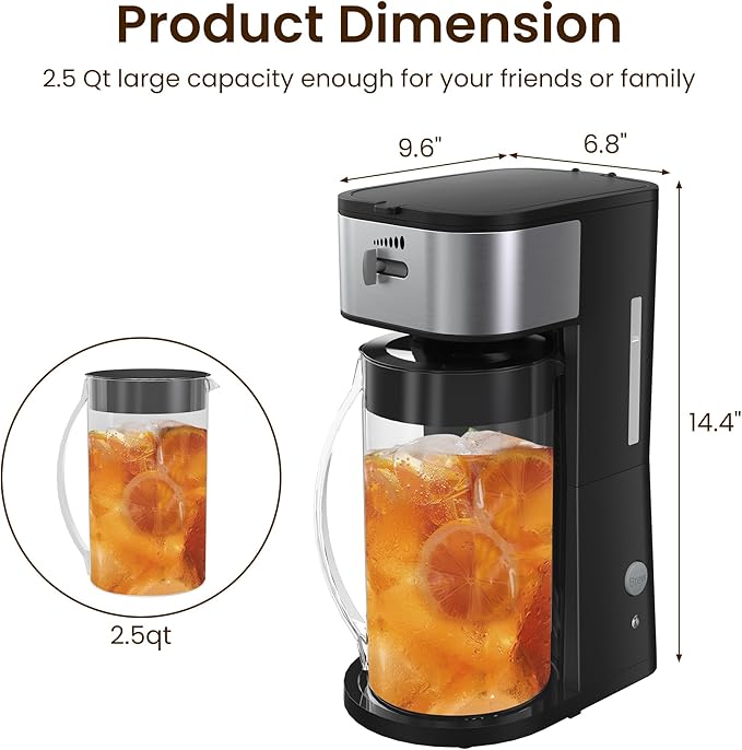 Iced Coffee Tea Maker with Reusable Filter Basket 3 QT Pitcher Iced Tea and Coffee Machine  Tea Makers for Iced Tea Lattes Lemonade and Flavored Water Adjustable Brew Strength Black and Silver