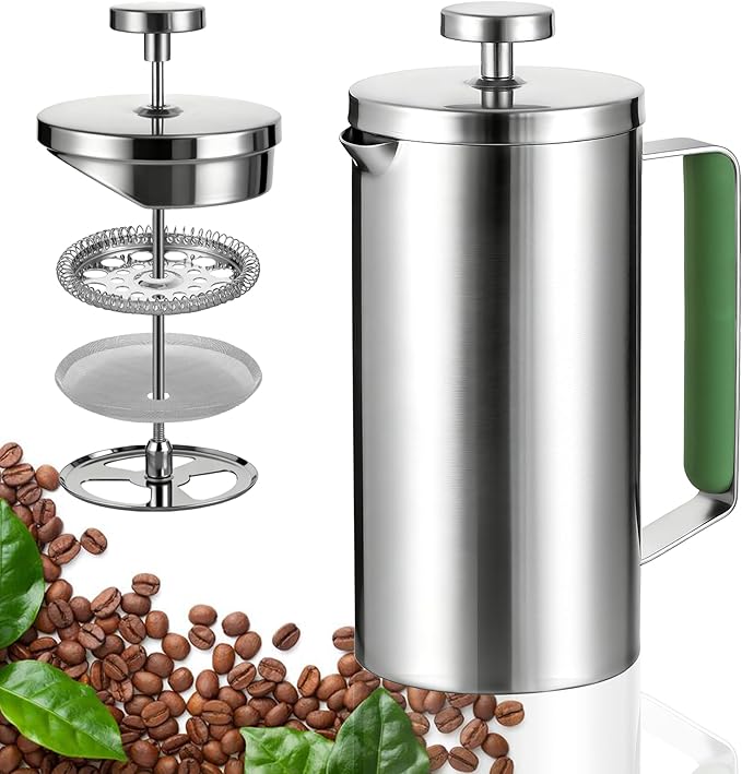 Stainless Steel French Press Coffee Maker 21OZ(0.6 Litre) Camping Coffee Press with Green Handle for Personal Office Travel(Sanding Silver 1-3 Cups)