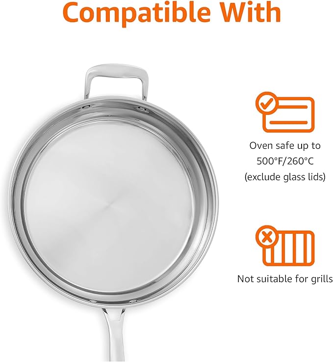 Amazon Basics Stainless Steel Cookware 15-Piece Set Oven Safe Induction-Ready Even Heating Easy to Clean Stay-Cool Handles Pots and Pans Silver