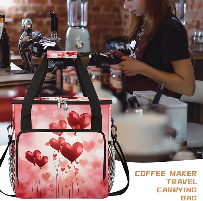 Valentine Red Heart Balloons Coffee Maker Carrying Bag Coffee Machine Travel Storage Bag Compatible with K-Mini or K-Mini Plus Portable Single Serve Coffees Brewer Case with Pockets for K-Cup Pods