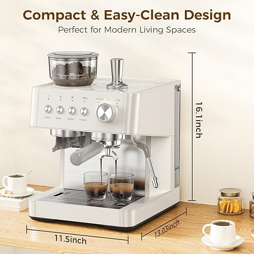 COWSAR 15-Bar Expresso Coffee Machines Commercial Espresso Machine with Grinder Milk Frother/Steam Wand &amp Tamping Tools for Cappuccino &amp Latte - White