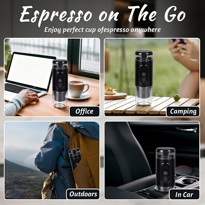 Portable Espresso MakerElectric Travel Coffee Machine with Self-Heating and 20 Bar Pressure USB-C Rechargeable Smart Display 2-in-1 Capsule and Ground Compatible for Camping RV Car and Office