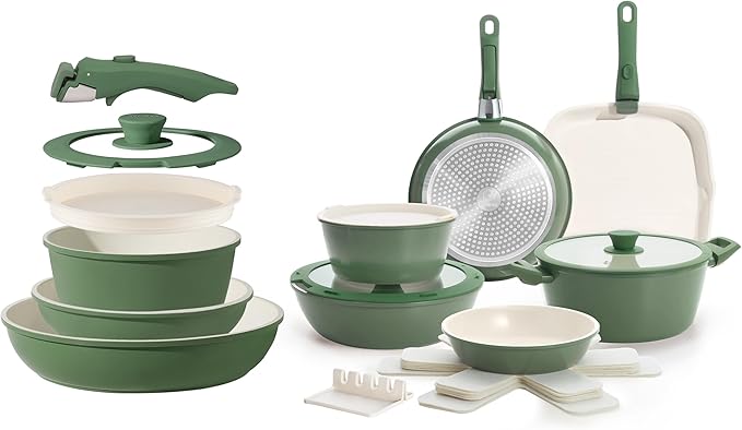 31pcs Ceramic Pots and Pans Set Nonstick Detachable Handle Cookware Induction Kitchen Cooking Set with Removable Handleinclude Frying Pans &amp Saucepans Oven Safe(Green)