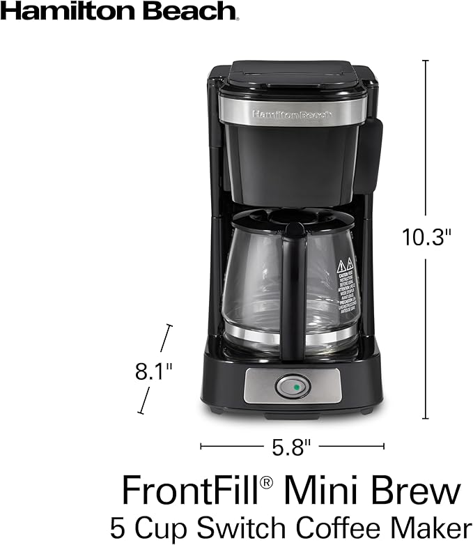 Hamilton Beach 5 Cup Drip Coffee Maker with Easy FrontFill Basket Compact Design Works with Smart Plugs Glass Carafe Auto Pause and Pour Black &amp Stainless Steel (46112)