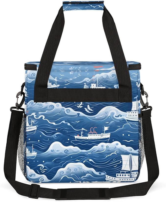 Ocean Ship Print Coffee Maker Travel Bag for Keurig K-Mini/K-Mini Plus Insulated Waterproof Tote with Pockets for K-Cup Portable Single-Serve Brewer Case