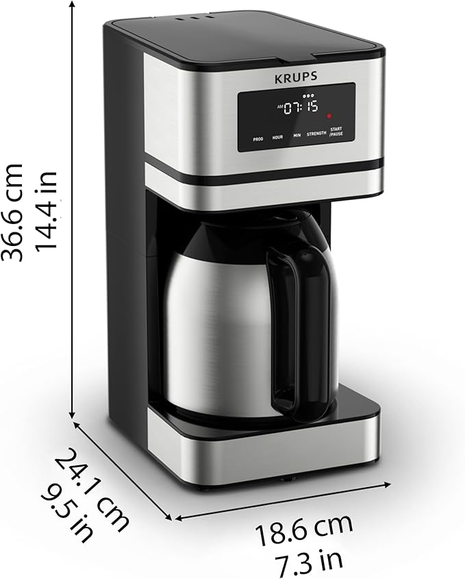 Krups Simply Brew Stainless Steel and Thermal Carafe Drip Coffee Maker 12 Cup Programmable Customizable Digital Display Insulated Coffee Filter Dishwasher Safe Drip Free Silver and Black