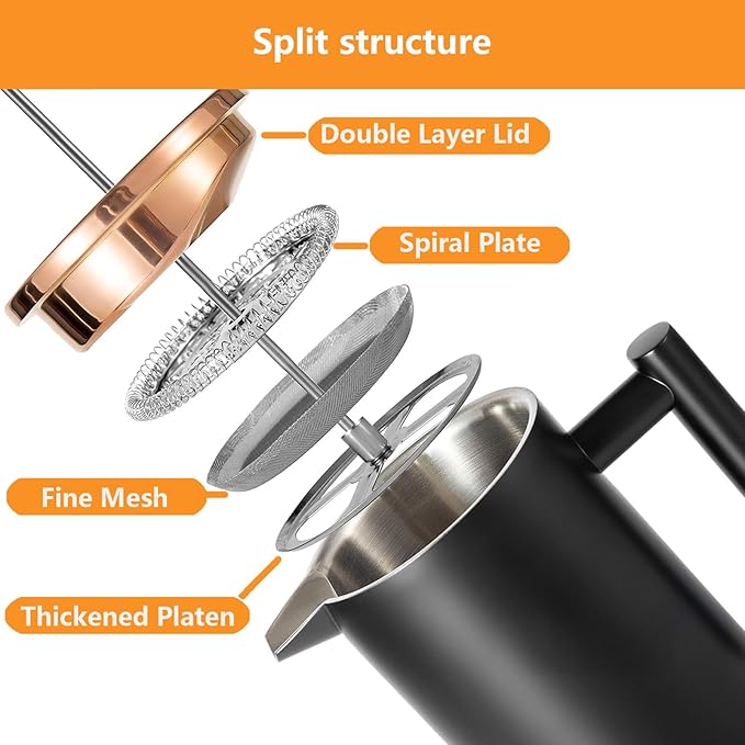 Black French Press Stainless Steel 34oz Double Wall Insulated Coffee Press 1L for travel camping with 2 Extra Filter Screens and 1 Coffee Spoon（8cup 1000ml）