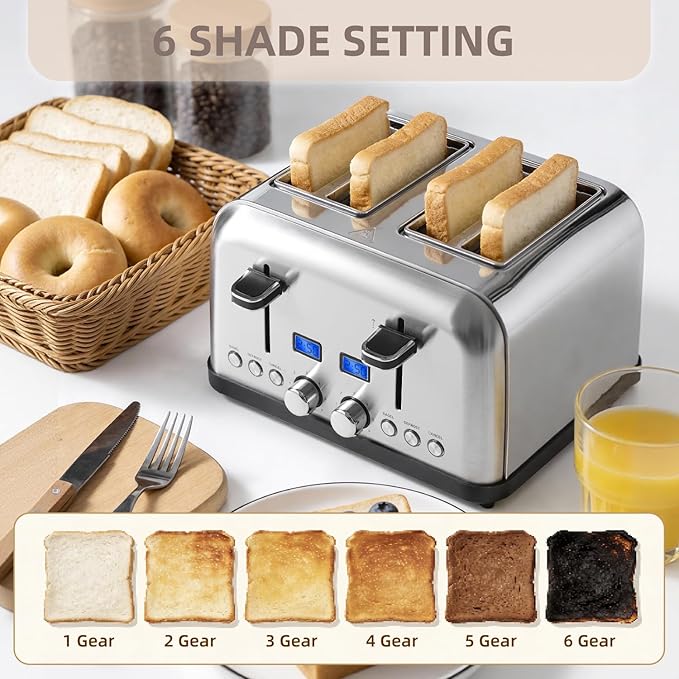4-Slice Toaster with LCD Display Dual Control for Bagel 6 Shade Settings Extra Wide Slots Stainless Steel with High Lift Lever Removable Crumb Tray 1500W (Silver Metallic)
