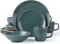 RINGAR Round Stoneware 16pc Dinnerware Set of 4 Dinner Plates Side Plates Cereal Bowls Mugs - Speckle Matte Green (434540)