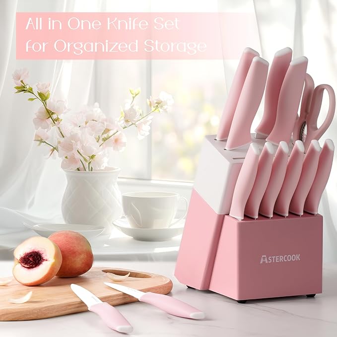Astercook 21 Pcs Pots and Pans Set Non Stick with 15 Pcs Kitchen Knives Set with Block and Sharpener
