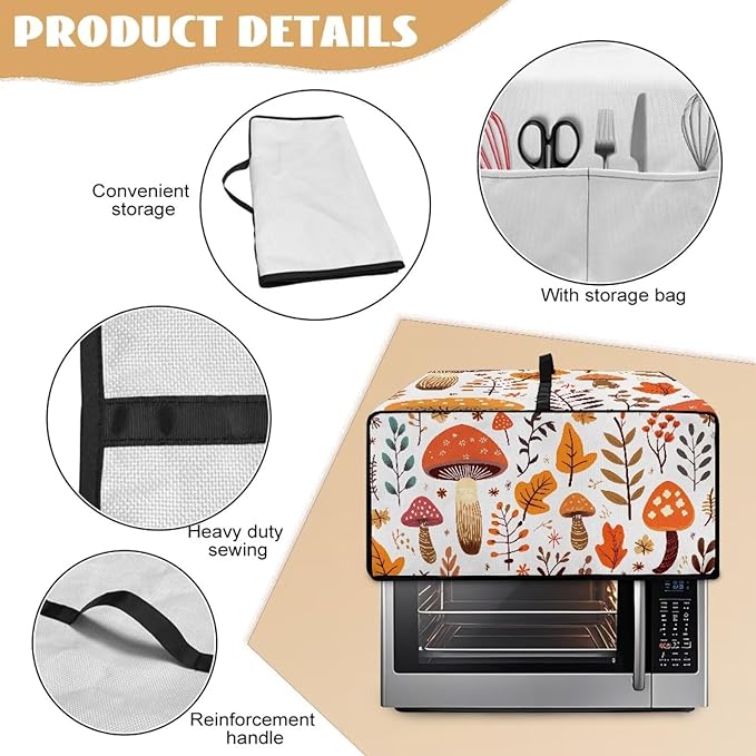 Mushroom Leaf Toaster Oven Cover Heavy Duty Heat-resistant Protective Case Faux Linen Polyester Protector with Handle &amp Pockets for Everyday Home Kitchens