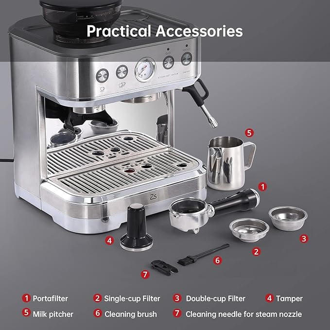 Espresso Machine with Milk Frother and Grinder All in One Cappuccino Latte Espresso Maker for Home Barista Built-In Bean Grinder 85 oz Removable Water Tank Coffee maker Machine