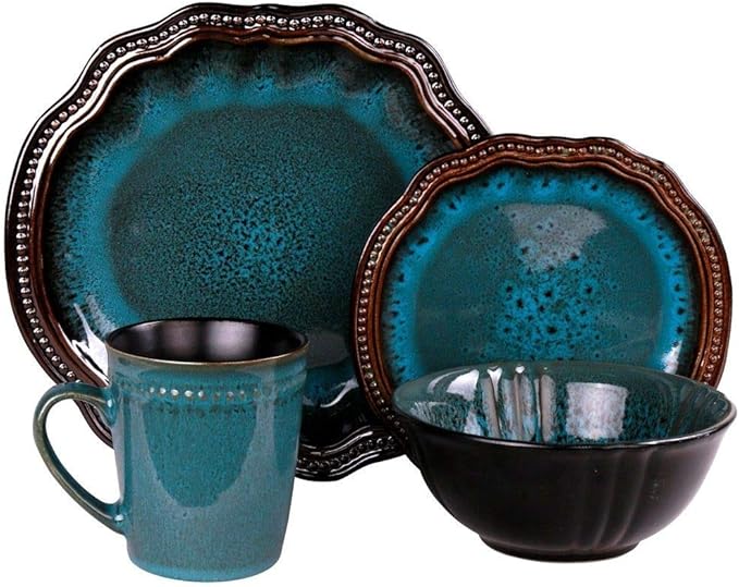 16 Piece Casual Coastal Themed All Seasons Durable Stoneware Blue Dinnerware Set Dishwasher Safe Exotic Look Vibrant Colors Round Dinner Plates Salad Plates Cereals Bowls Tea Mugsdinnerware Set for 4