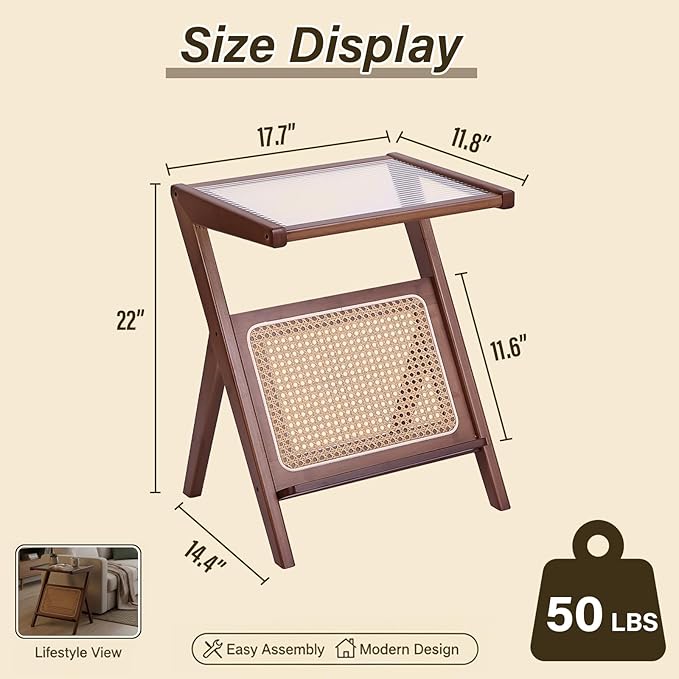 Tiita Rattan Nightstand Side Table Bamboo Accent Bedside Tables Glass Coffee Tables Boho Wooden End Table with Storage for Small Space Living Room and Bedroom