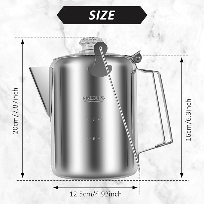 Percolator Coffee Pot Stainless Steel Camping Coffee Pot Outdoor Stovetop Coffee Maker with Clear Top Glass Knob 9 Cups Coffee Percolator for Group Camping Hiking Backpacking Travel