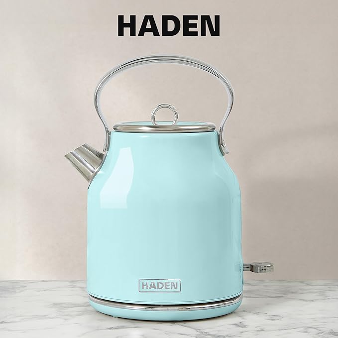 Haden Heritage 4 Slice Wide Slot Stainless Steel Toaster Bundled with 1.7 Liter Stainless Steel Electric Water Kettle Turquoise &amp Chrome
