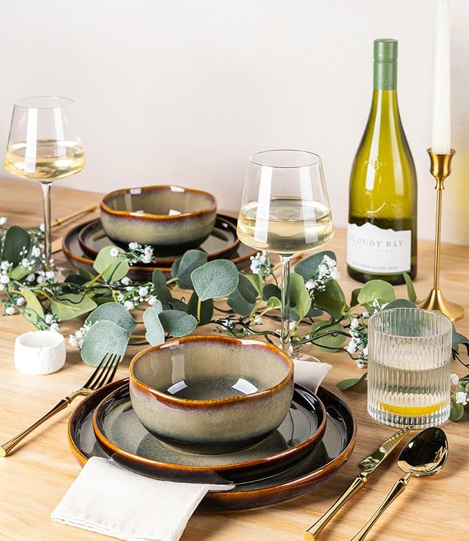 TheTerra Ceramic Dinnerware Sets for 4 12 Pieces Porcelain Lightweight Plates and Bowls Sets Scratch Resistant Dish Set Oven &amp Microwave &amp Dishwasher Safe Coffee Bean