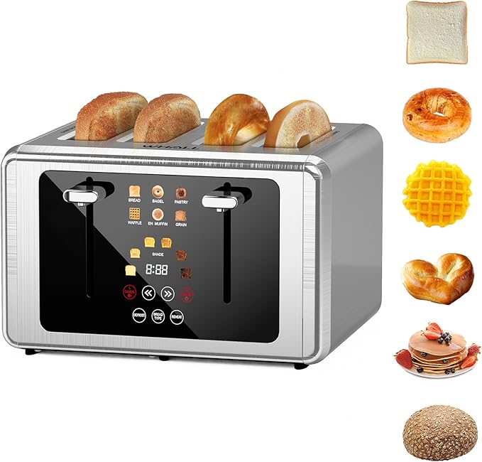 Whall 4-Slice Smart Toaster with Touchscreen &amp Extra-Wide Slots Dual Independent Control 6 Browning Levels &amp 6 Bread Types Memory FunctionCountdown Timer Ideal Kitchen Gift