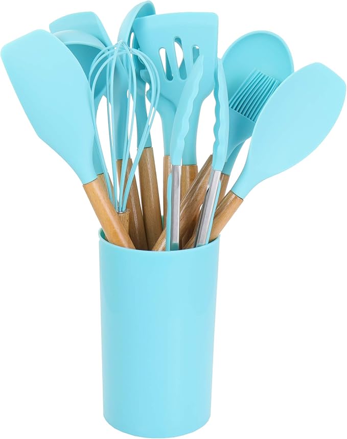 MegaChef Tool Wooden Cookware Utensil Set 12 Piece Light Teal and Wood Texture