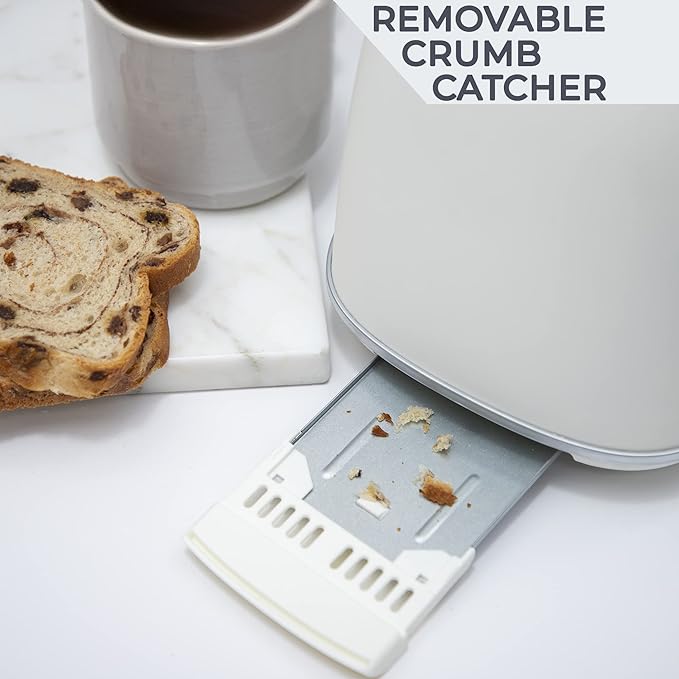 Rae Dunn Retro Rounded Bread Toaster 2 Slice Stainless Steel Toaster with Removable Crumb Tray Wide Slot with 6 Browning Levels Bagel Defrost and Cancel Options Cream