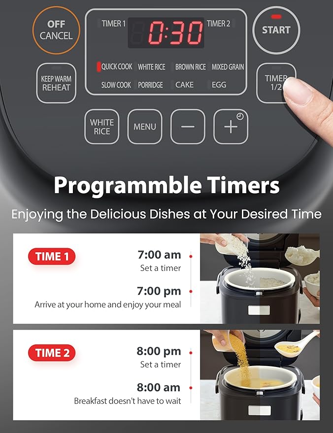 TOSHIBA Rice Cooker Small 3-Cup Uncooked– LCD Display with 8 Cooking Functions: Rice Oatmeal Mixed Grains and More NonStick Inner Pot Grey