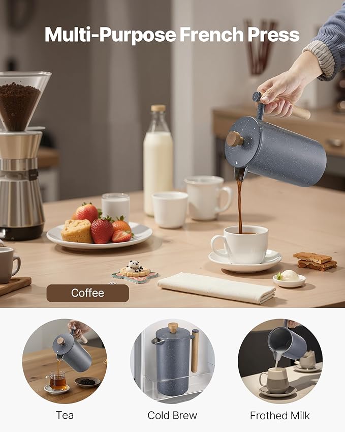VEVOR French Press Coffee Maker 34 Ounce 1 Liter Stainless Steel Coffee Press Tea Maker with Filter Large Double Wall Insulated French Presses Cold Brew for Camping Travel Home Kitchen Black