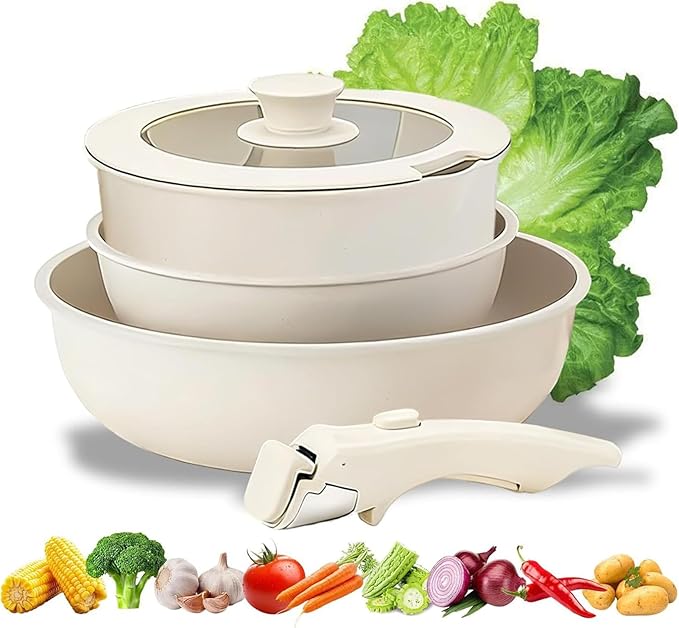 Pots and Pans Set Non Stick 5pcs Ceramic Cookware Set Non Toxic with Detachable Handles Healthy Induction Cookware Oven Safe RV Kitchen Set