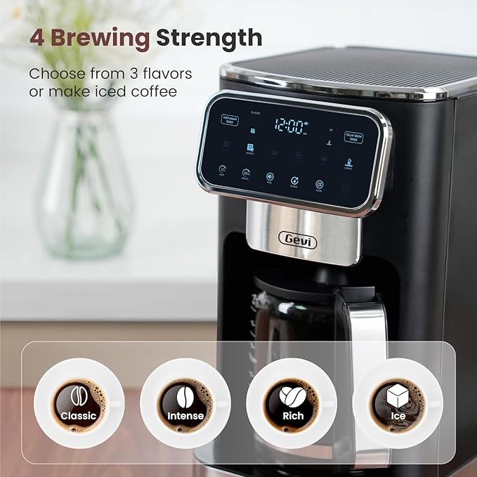 Gevi 12-Cup Programmable Coffee Maker with Touchscreen Strong Brew &amp Iced Coffee Options Auto Shut-Off 4-Hour Keep Warm Glass Carafe Anti-Drip System Permanent Filter Included