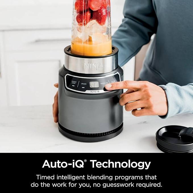 Ninja BN400 Nutri Pro Compact Personal Blender Auto-iQ Technology 1000-Watts for Frozen Drinks Smoothies Sauces &amp More with 18-oz. &amp 24-oz. To-Go Cups &amp Spout Lids Stone Silver (Ren