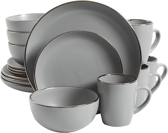 Gibson Home Rockaway 16-Piece Round Stoneware Dinnerware Set Service for 4 – Grey with Gold Rim Plates and Bowls Microwave &amp Dishwasher Safe