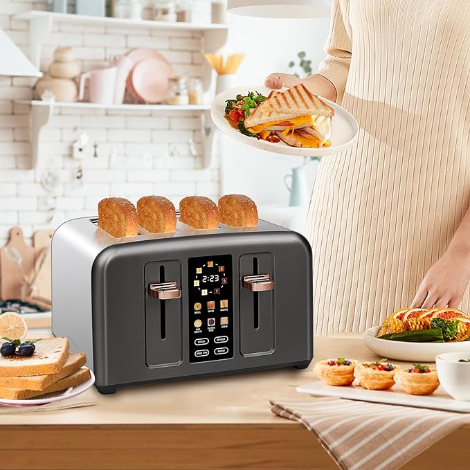 SEEDEEM Toaster 4 Slice Stainless Toaster &amp Touch Control LCD Display 6 Bread Type 7 Shade Settings 1.5'' Wide Slots Cancel/Defrost/Reheat Removable Crumb Tray 1800W Dark Metallic